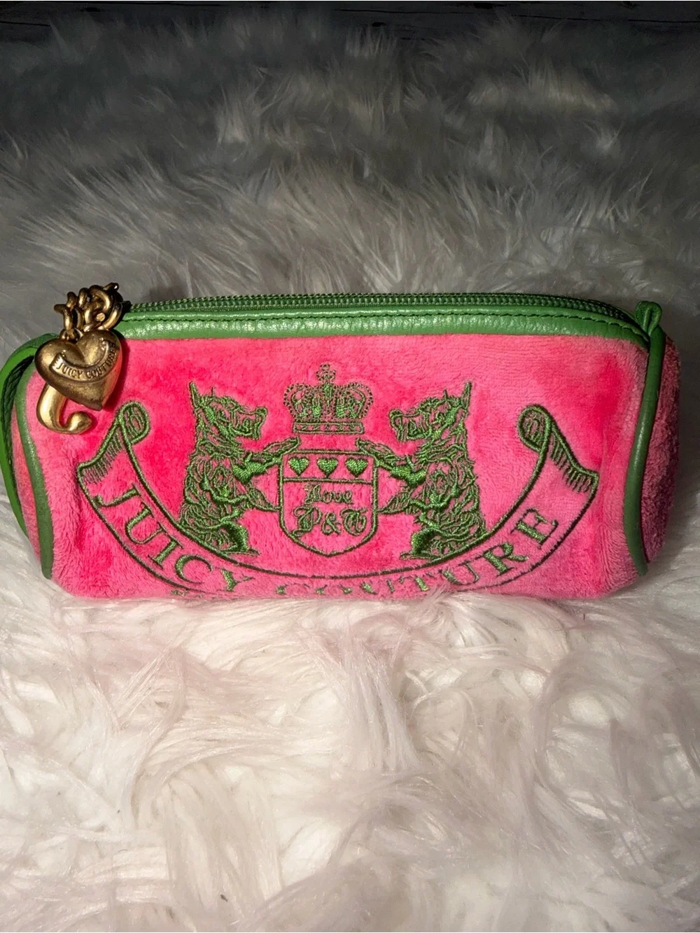 Y2K Juicy Couture Watermelon Velvet Logo Pouch & Gold Charm